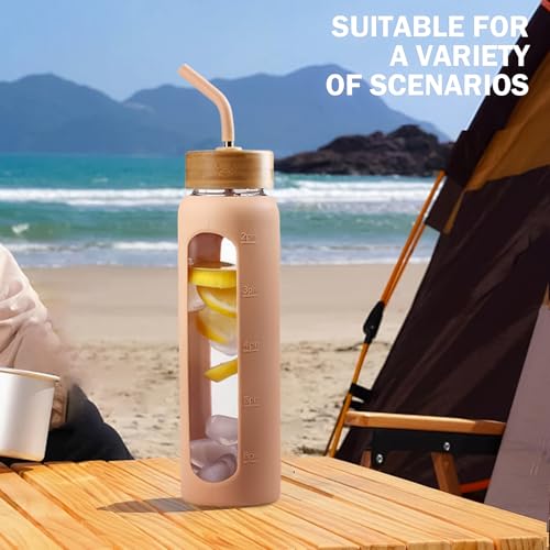 32oz Glass Water Bottle with Straw and 2 Lids (Amber / 32 Ounces)