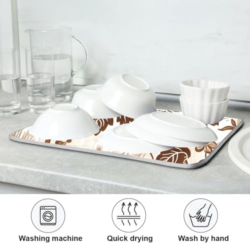 Brown Beige Floral Leaves Dish Drying Mat for Kitchen Counter Absorbent Microfiber Drying Pad (16" x 16")