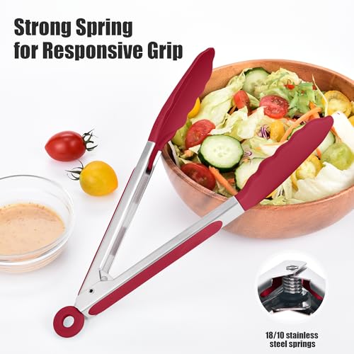 Kitchen Tongs with Silicone Tips for Cooking Serving (9in / Red)