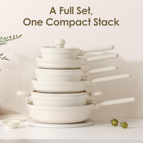 Ceramic Nonstick Pots and Pans Set (Creamy White / 17pcs)
