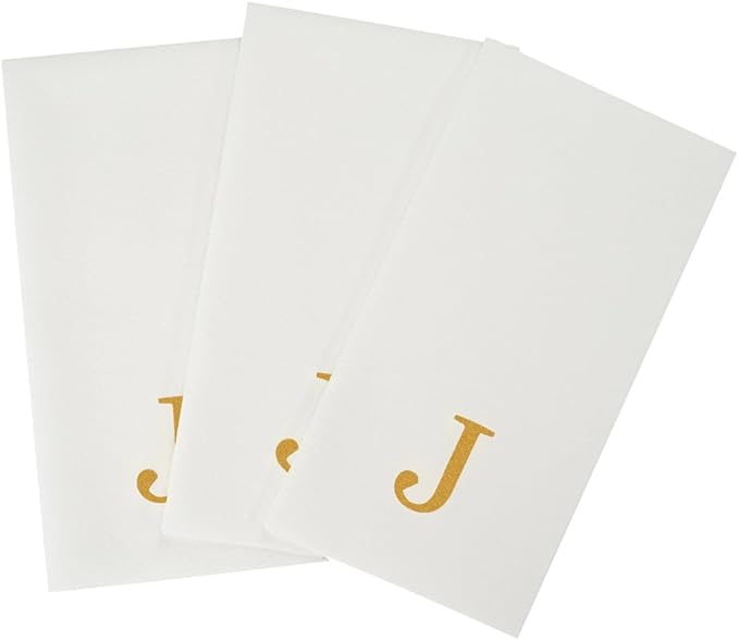 Luxenap 15.8 X 7.9 Inch Linen-Feel Guest Towels, 50 Lettered Hand Towels - Gold Letter 'J', Sans Serif Font, White Paper Dinner Napkins, airlaid, For Restrooms And Tables