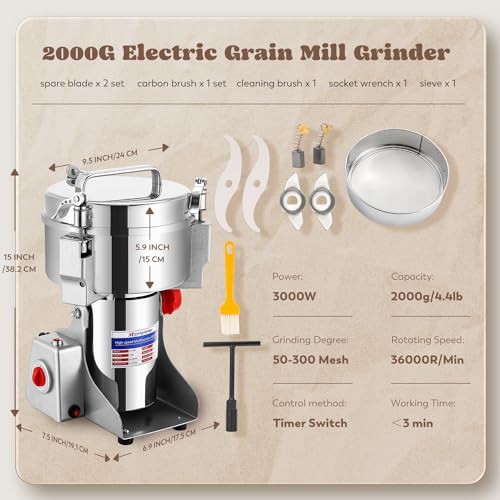 Grain Mill Grinder Commercial Spice Grinder (Silver / 2000g Swing)