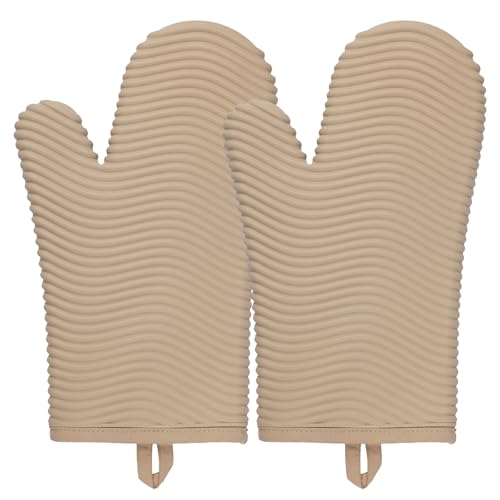 Silicone Oven Mitts (2PCS-12"L x 7"W/KHAKI-WAVE SURFACE)
