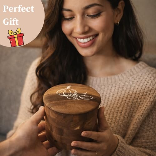 The Garlic Shack Acacia Wood Garlic Keeper For Counter With Lid 4 Inch (Regular)