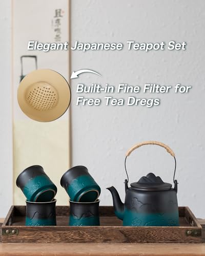 Ceramic Teapot with Infuser (Black/Green / 33.8oz Teapot&4 of 8oz Cups)