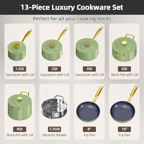 Lux LE 13Pc Ceramic Cookware Set with Elegant Gold Handle (Avocado LE)