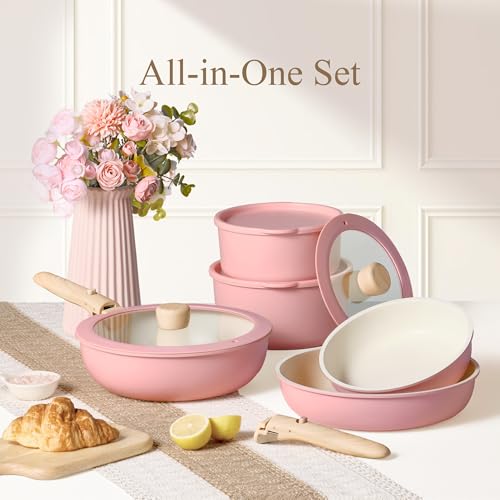 19pcs Pots and Pans Set Non Stick (Pink / 19 Piece)