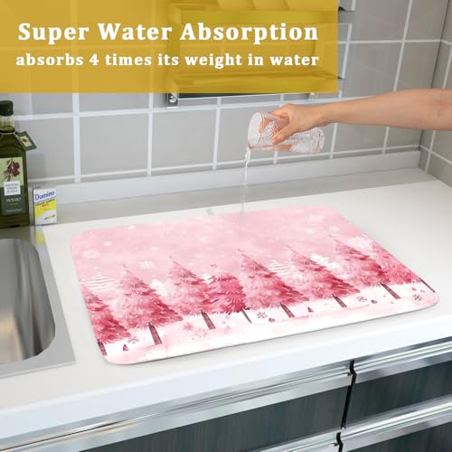 Pink Trees Dish Drying Mats Christmas Snowy Decor Drying Pad Kitchen Countertop Drainer Rack Mat 18 X 24 Inch (Pine Forest 4720 / 24" x 18")