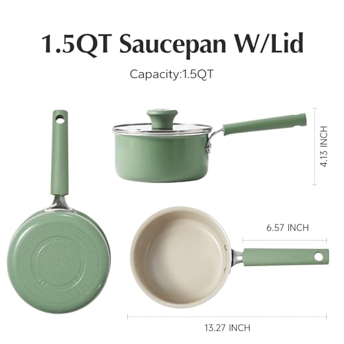 Ceramic Nonstick Saucepan with Lid (1.5 Quarts / Green)