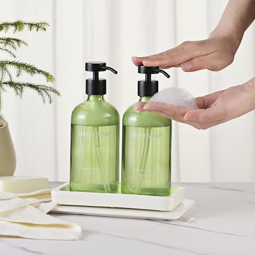 Glass Kitchen Soap Dispenser Set with Ceramic Tray (Green Bottles + Black Pumps)
