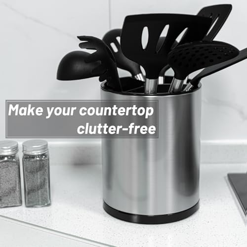 Kitchen Utensil Holder for Countertop 360° Rotating Utensil Caddy Extra Large Utensil Crock Cooking Utensil Holder for Kitchen Counter (Silver and Black)