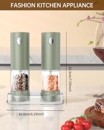 Electric Salt and Pepper Grinder Set Rechargeable Salt and Pepper Mills with Storage Base (Green)