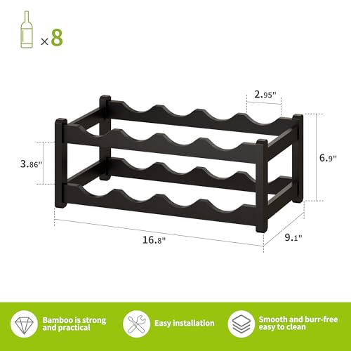 Bamboo Wine Rack Wine Storage Cabinet Shelf 8 Bottle Wine Racks Countertop Sturdy for Kitchen Dining Room Pantry (Black / 2 Tier)