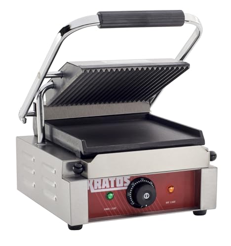 Commercial Electric Panini Sandwich Grill with Grooved Top and Smooth Bottom Plates (Small w/ Smooth & Grooved Plates)