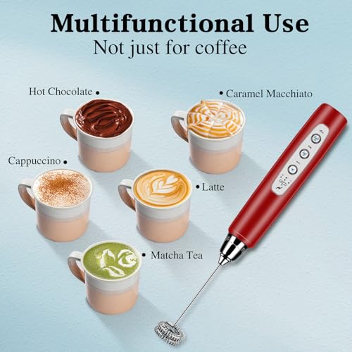 Milk Frother Wand Rechargeable Handheld Whisk Coffee 3 Speed Adjustable (Frother with stand / Red)