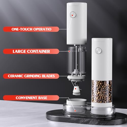 Electric Salt and Pepper Grinder Set Automatic Battery Pepper Mill Shakers Kitchen Gadgets Adjustable Coarseness Upgraded Larger Capacity with Led Birthday Gifts for Women (White/White)