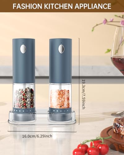 Electric Salt and Pepper Grinder Set Rechargeable Salt and Pepper Mills with Storage Base (Blue)