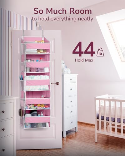 1 Pack Over Door Organizer with 5 Large Pockets 10 Mesh Side Pockets (Pink / 1 Pack-5 Tier)