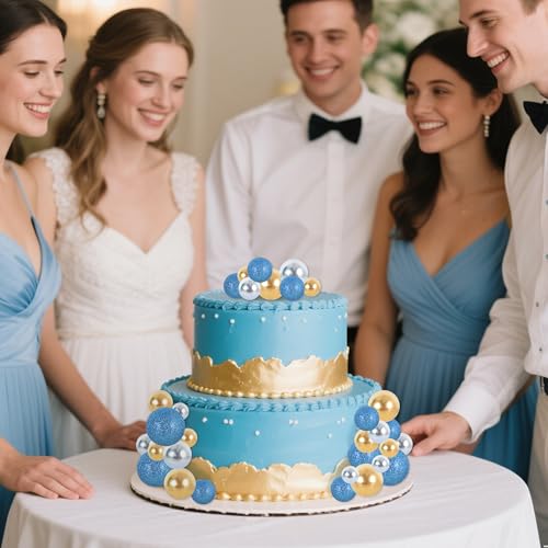 40 Pcs Foam Ball Shaped Cake Toppers with Sticks Mini Cake Decorations for Birthdays (40-blue Gold Silver)