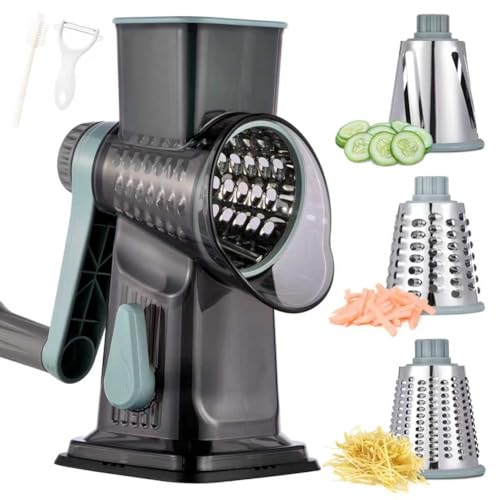 Rotary Cheese Grater with Handle Kitchen Shredder Slicer Grater Slicer Ice Shaver Cheese Vegetable Nuts Potato Zucchini Chocolate 3 Interchangeable Blades (9.06"L x 4.33"W x 9.07"H / Blue)