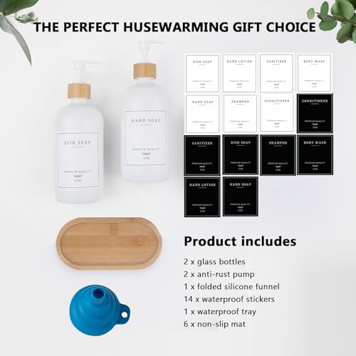 White Glass Soap Dispenser (White Bottle + 14 Labels + Funnel + Tray)