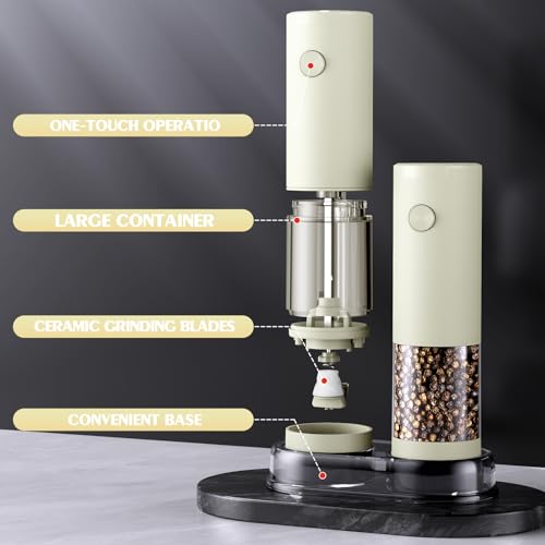 Salt and Pepper Grinder Set Electric Adjustable Coarseness Salt Pepper Grinder Shakers House Warming Gifts Automatic Battery Pepper Mill Shakers Gifts for Women Wedding Registry Must Haves (Cream Yellow)