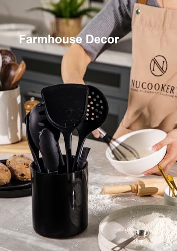 Ceramic Kitchen Utensil Holder for Countertop Organizer 6.4"Black (Black)