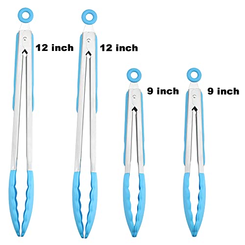 4 Pack Blue Silicone Kitchen Tongs Set (Blue)