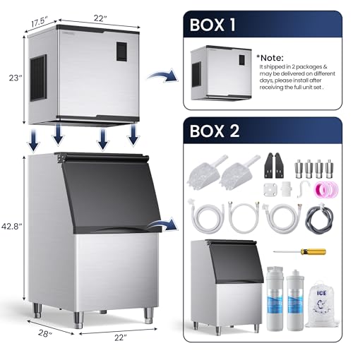 Commercial Ice Maker Machine 450lbs with 360lb Large Storage (450LBS/24H-Head and Bin)