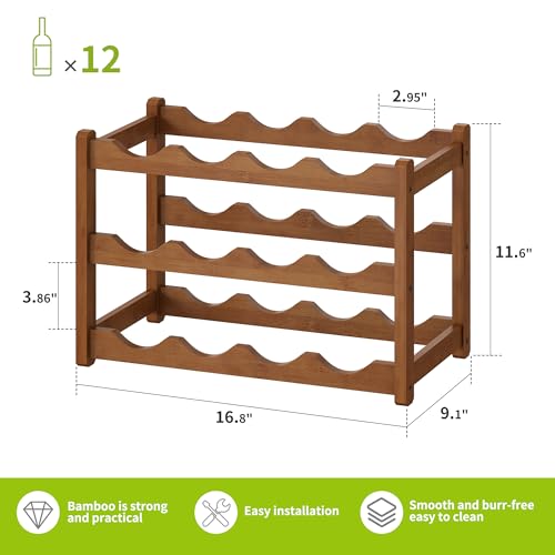 Bamboo Wine Rack Wine Storage Cabinet Shelf 12 Bottle Wine Racks Countertop Sturdy for Kitchen Dining Room Pantry (Brown / 3 Tier)