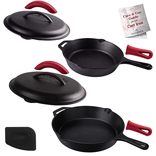 Cast Iron Skillet Set with Lids (10"+12")