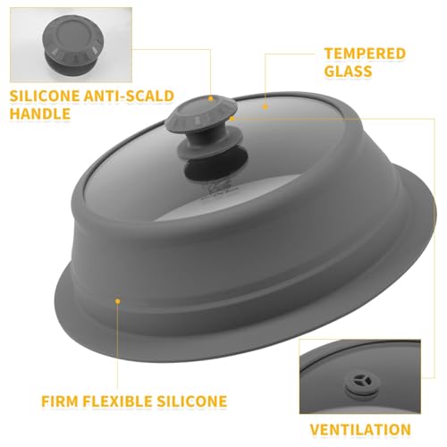 Collapsible Microwave Splatter Lid with Vented Tempered Glass Cover Wok Lid for Microwave Safe (11-12.5 inch / Grey)