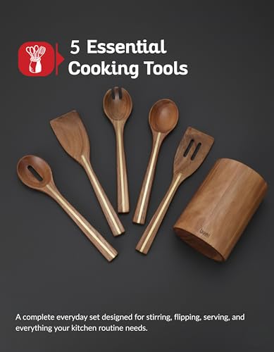 Acacia Utensil Set of 5 with Holder (Acacia Classic Kitchen Set)