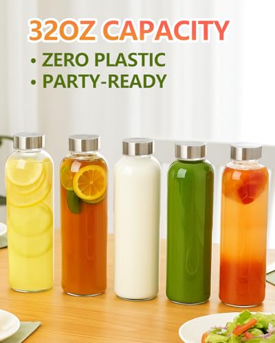 Clear Glass Water Bottles with Stainless Steel Lids 32 oz