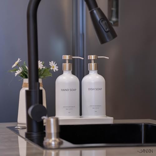 Glass Kitchen Soap Dispenser Set with Ceramic Tray (White Bottles + Silver Pumps)