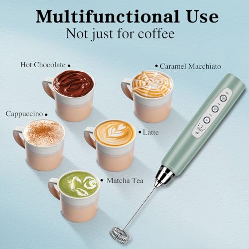 Milk Frother Wand Rechargeable Handheld Whisk Coffee 3 Speed Adjustable (Frother with stand / Morandi Green)
