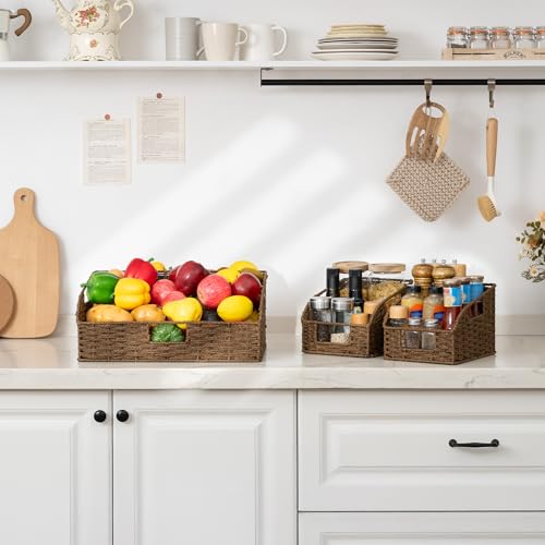 Pantry Storage Baskets (Dark Brown(Paper Rope) / 17"L x 11"W x 7½"H + 2x 7½"L x 9½"W x 6¾"H)