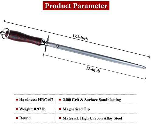 Honing Steel Knife Sharpener Steel Round 12 IN Rod for Kitchen Knife (12 IN Round)