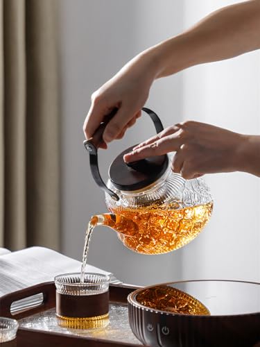 Stovetop Safe Glass Teapot with Malus Spectabilis Pattern Removable Infuser Fine Borosilicate Tea Pot perfect for Fruit Flowering Tea Canister Premium Quality Tea Kettle Gift (Transparent / 1000ml)