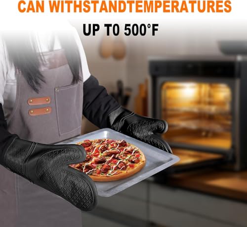 Extra Long Silicone Oven Mitts Heavy Duty Commercial Grade Oven Mitts Heat Resistant BBQ Gloves with Quilted Cotton Lining 2 Pack