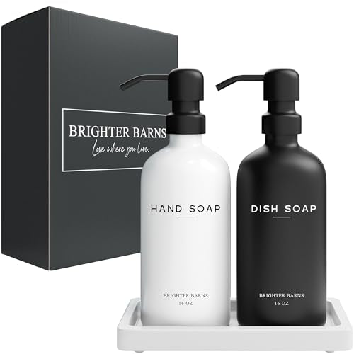Luxury Glass Hand and Dish Soap Dispenser Set by Brighter Barns (Black/White Hd)