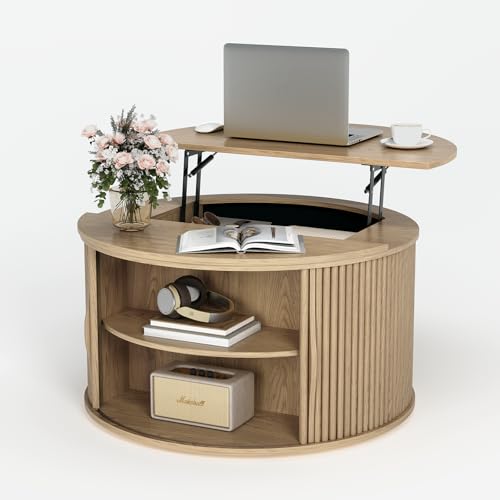 31.5" Round Lift Top Coffee Table with Storage for Living Room (Rustic Oak)