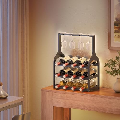 Bamboo Wine Rack Countertop (Black 3-tier With Glass Holder)