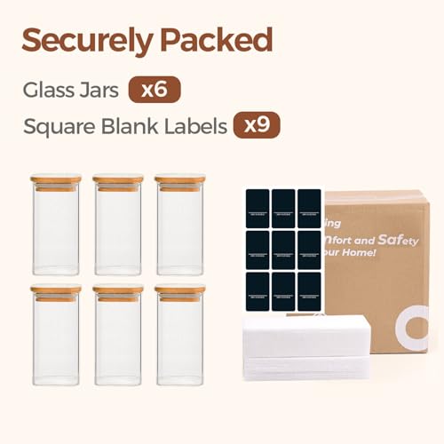 Square Glass Spice Jars with Labels 10 oz 6 Pack with Bamboo Lids (6 Count)