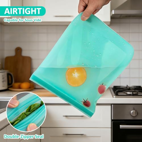 100% Silicone Reusable Gallon Freezer Bags (Aqua| Gallon | 4 Pack Flat)