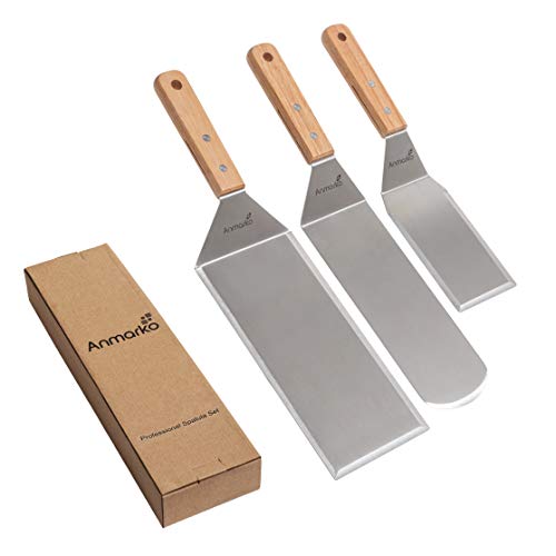 Metal Spatula Set Stainless Steel Hamburger Turner Griddle Flipper Scraper for BBQ Grill Flat Top (Wooden handle set)