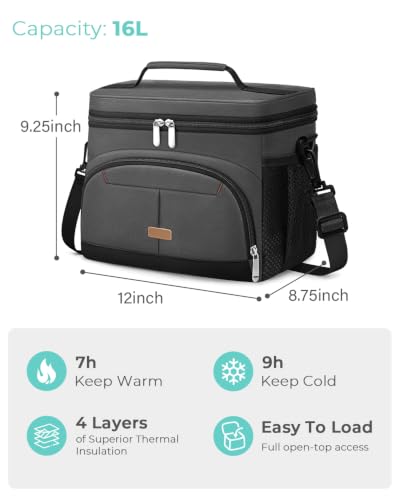 Lunch Box for Men Women Insulated Lunch Tote Cooler Bag Lunchbox (Gray / Large)