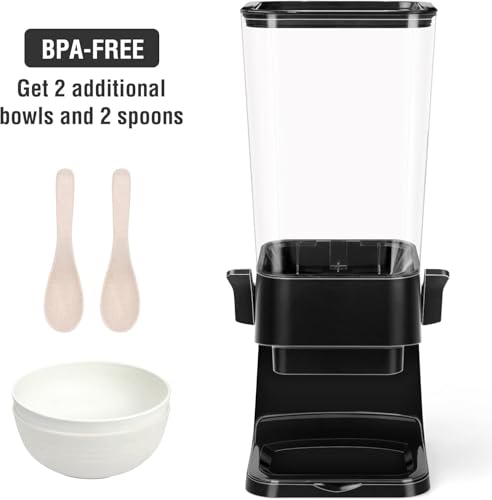 Cereal Dispenser Countertop with 2 Pack Bowls and Spoons 5.5 Qt (5.5Qt & Black & 1pack)