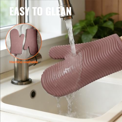Silicone Oven Mitts (2PCS-12"L x 7"W/PINK-WAVE SURFACE)
