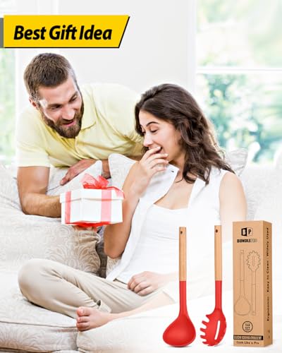 Silicone Soup Ladle and Pasta Spoon Set with Wooden Handle (2 Count)